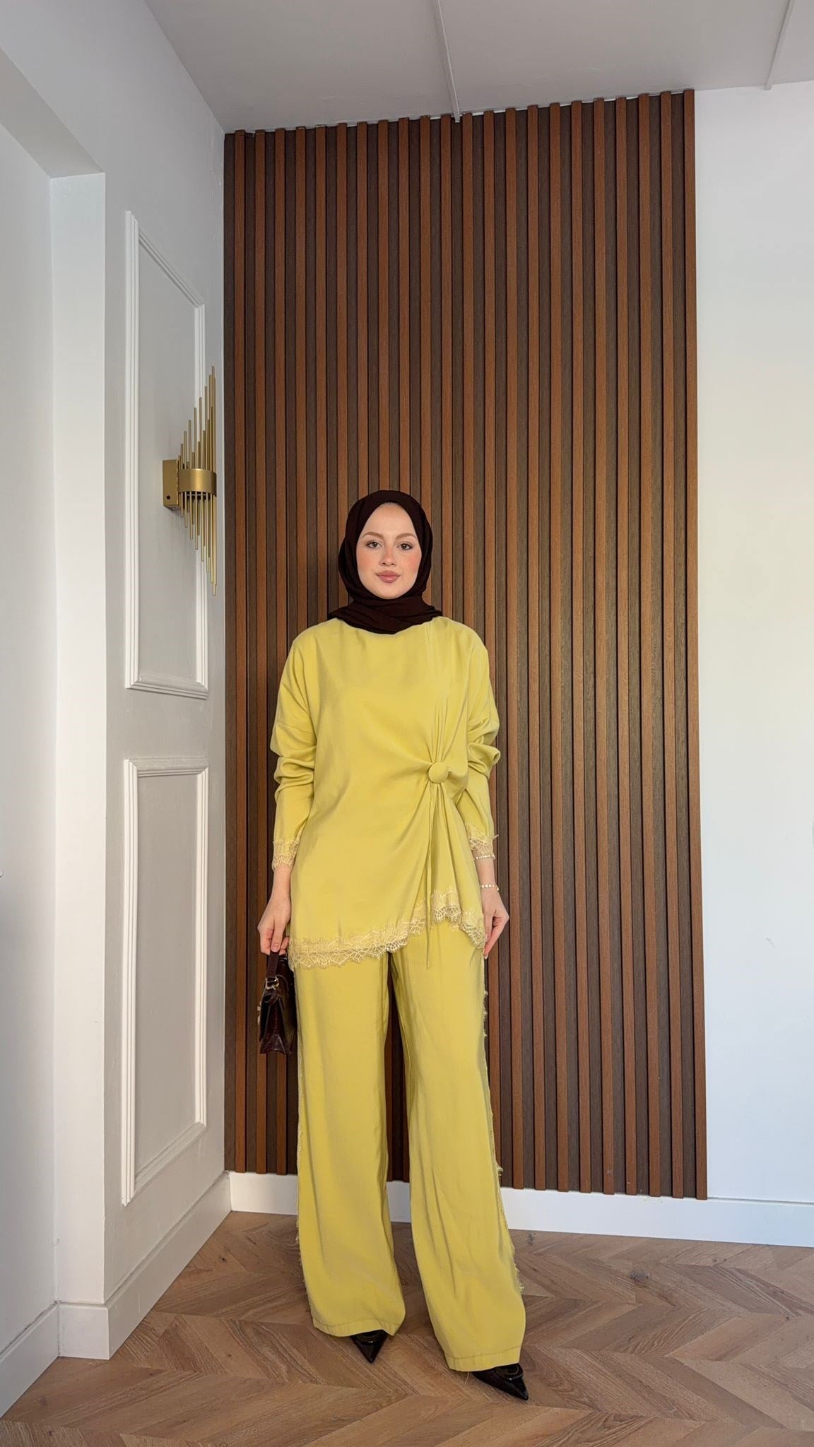 MEYSADESIGN PANTOLON TAKIM Roi Dantelli Tensel Pantolonlu Takım Yağ Yeşili