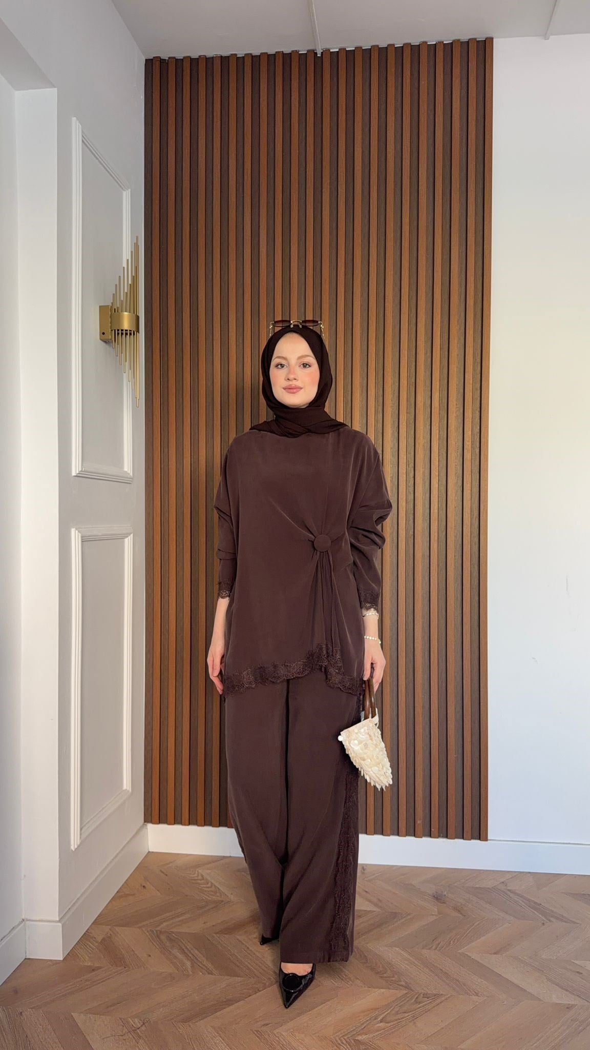 MEYSADESIGN PANTOLON TAKIM Roi Dantelli Tensel Pantolonlu Takım Acı Kahve