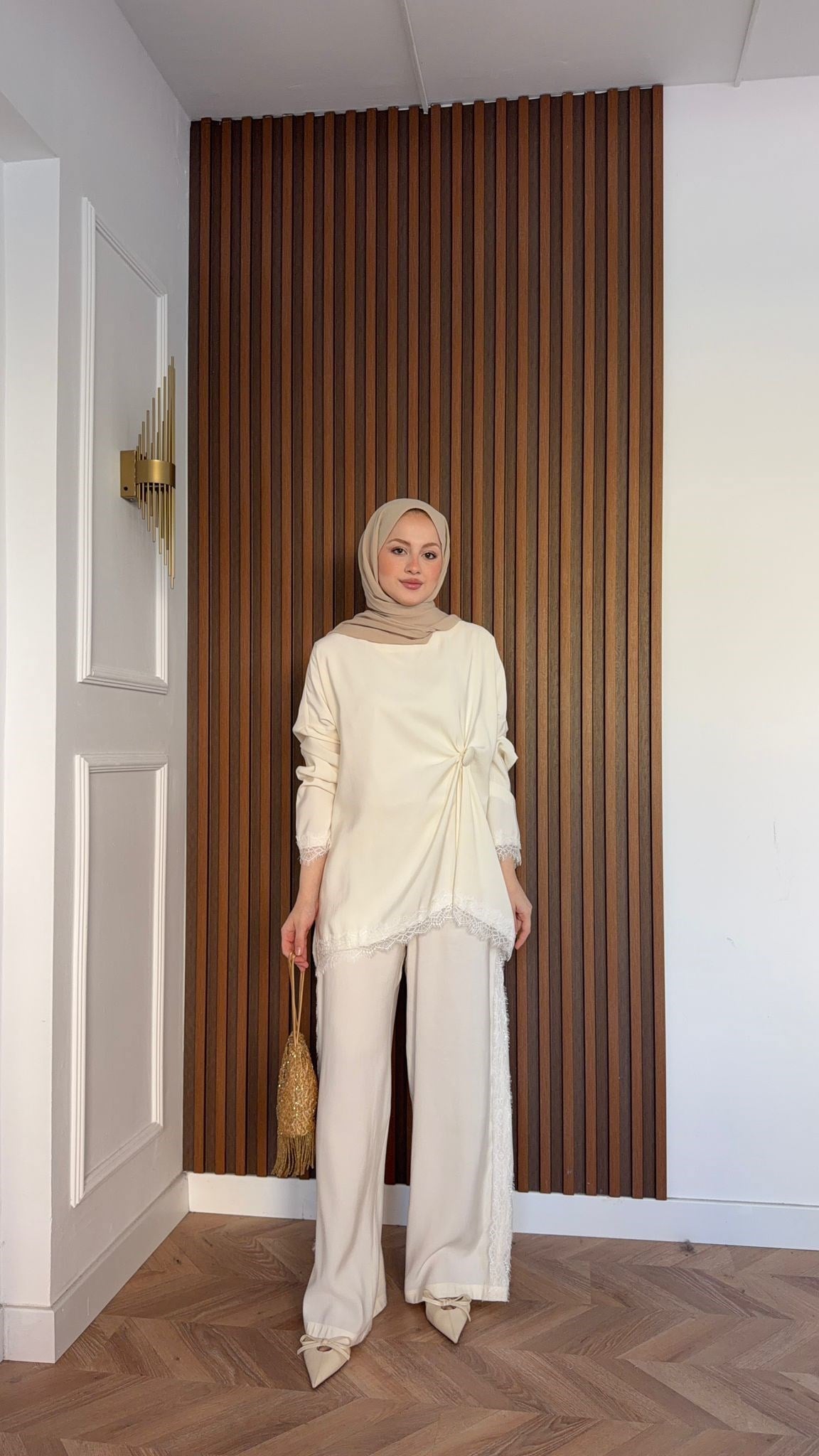 MEYSADESIGN PANTOLON TAKIM Roi Dantelli Tensel Pantolonlu Takım Ekru