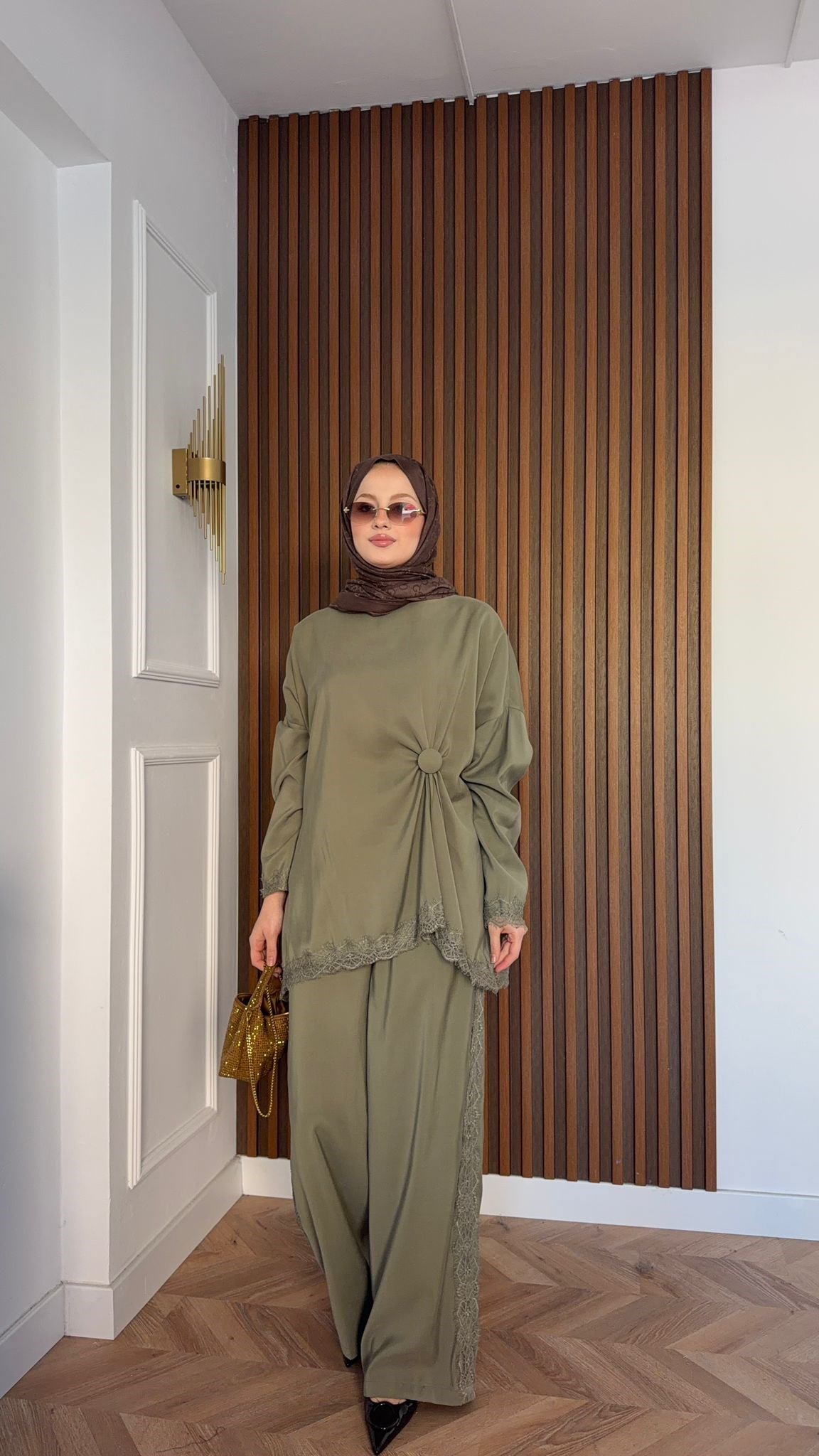 MEYSADESIGN PANTOLON TAKIM Roi Dantelli Tensel Pantolonlu Takım Haki