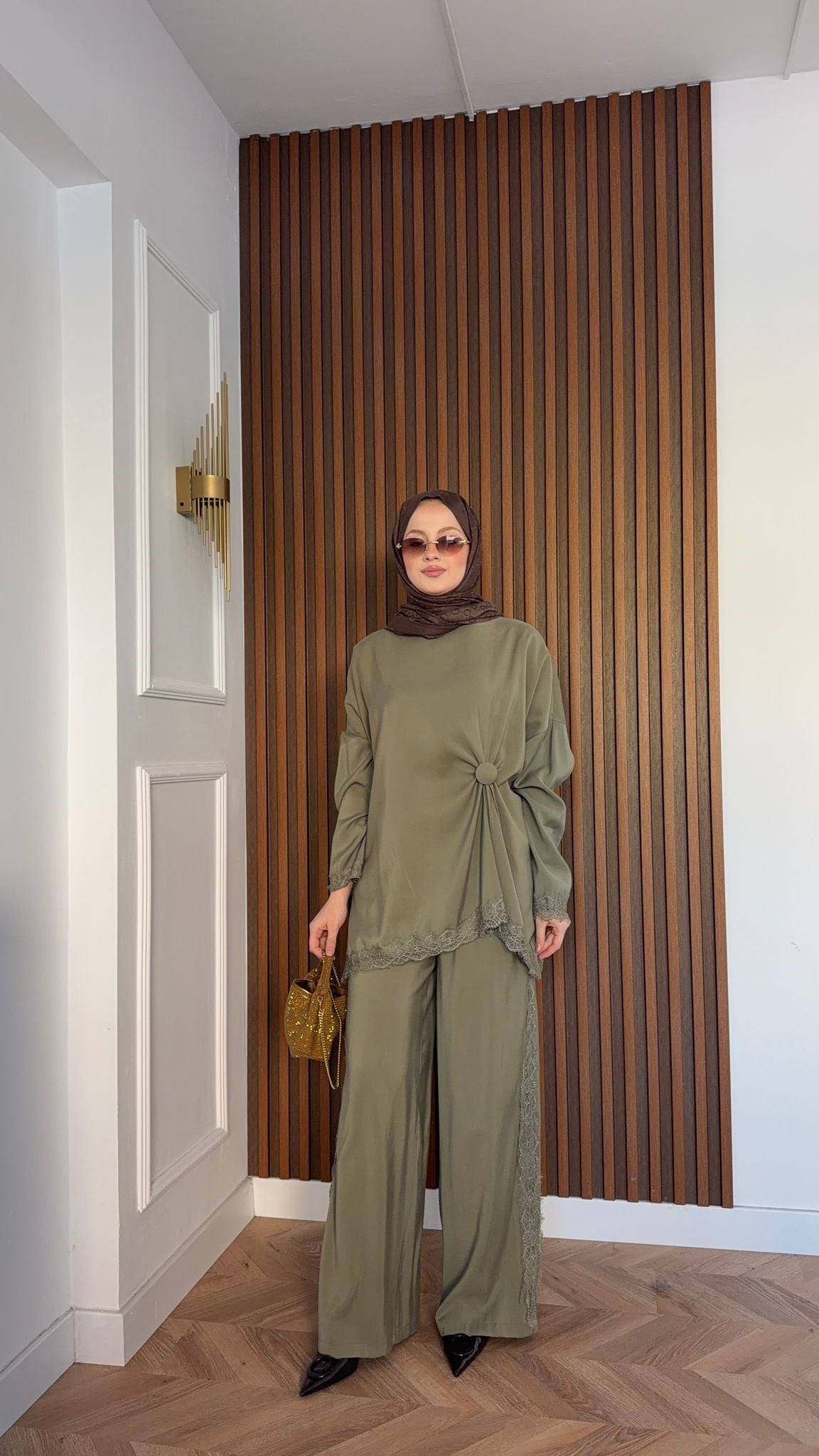 MEYSADESIGN PANTOLON TAKIM Roi Dantelli Tensel Pantolonlu Takım Haki