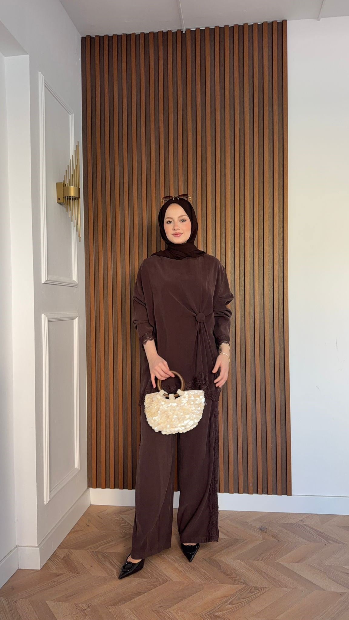 MEYSADESIGN PANTOLON TAKIM Roi Dantelli Tensel Pantolonlu Takım Acı Kahve
