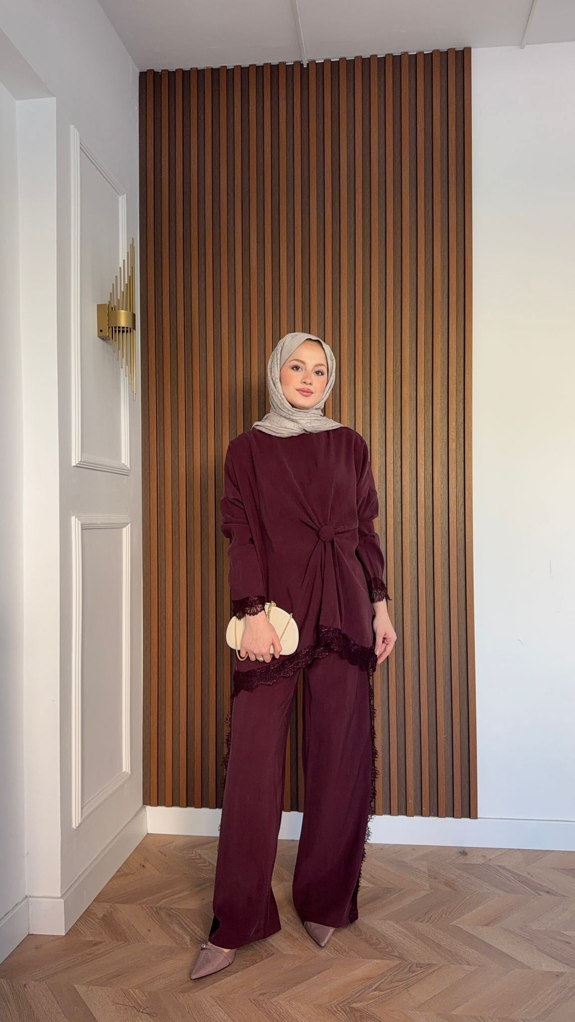 MEYSADESIGN PANTOLON TAKIM Roi Dantelli Tensel Pantolonlu Takım Bordo