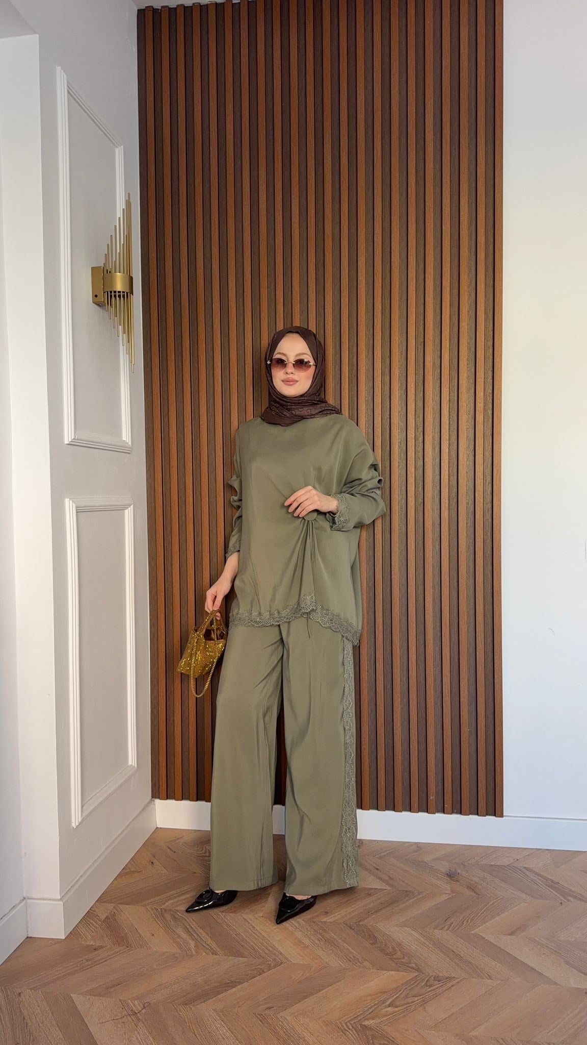 MEYSADESIGN PANTOLON TAKIM Roi Dantelli Tensel Pantolonlu Takım Haki