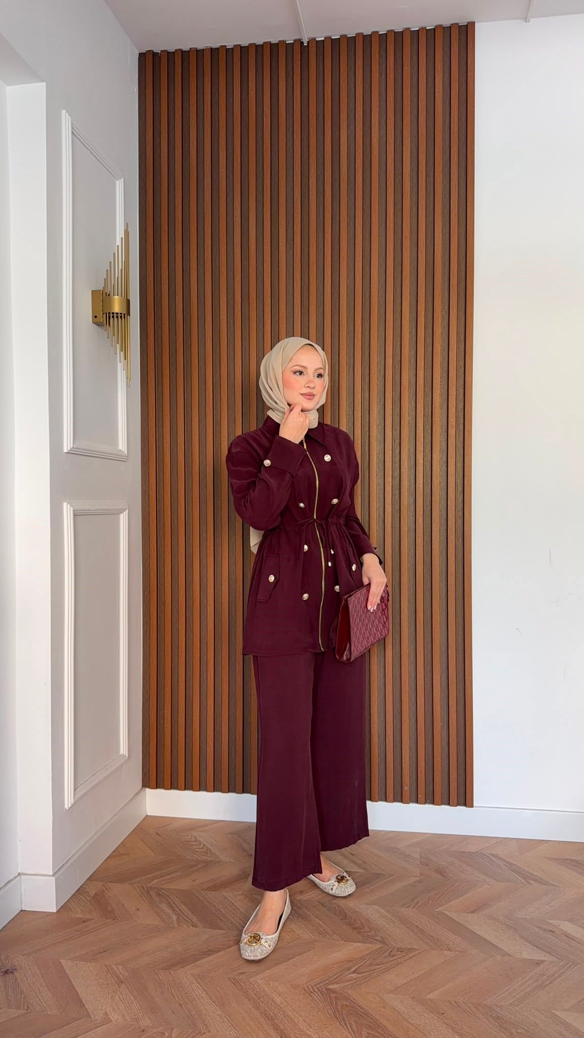 MEYSADESIGN PANTOLON TAKIM Roma Gold Düğmeli Tensel Takım Bordo