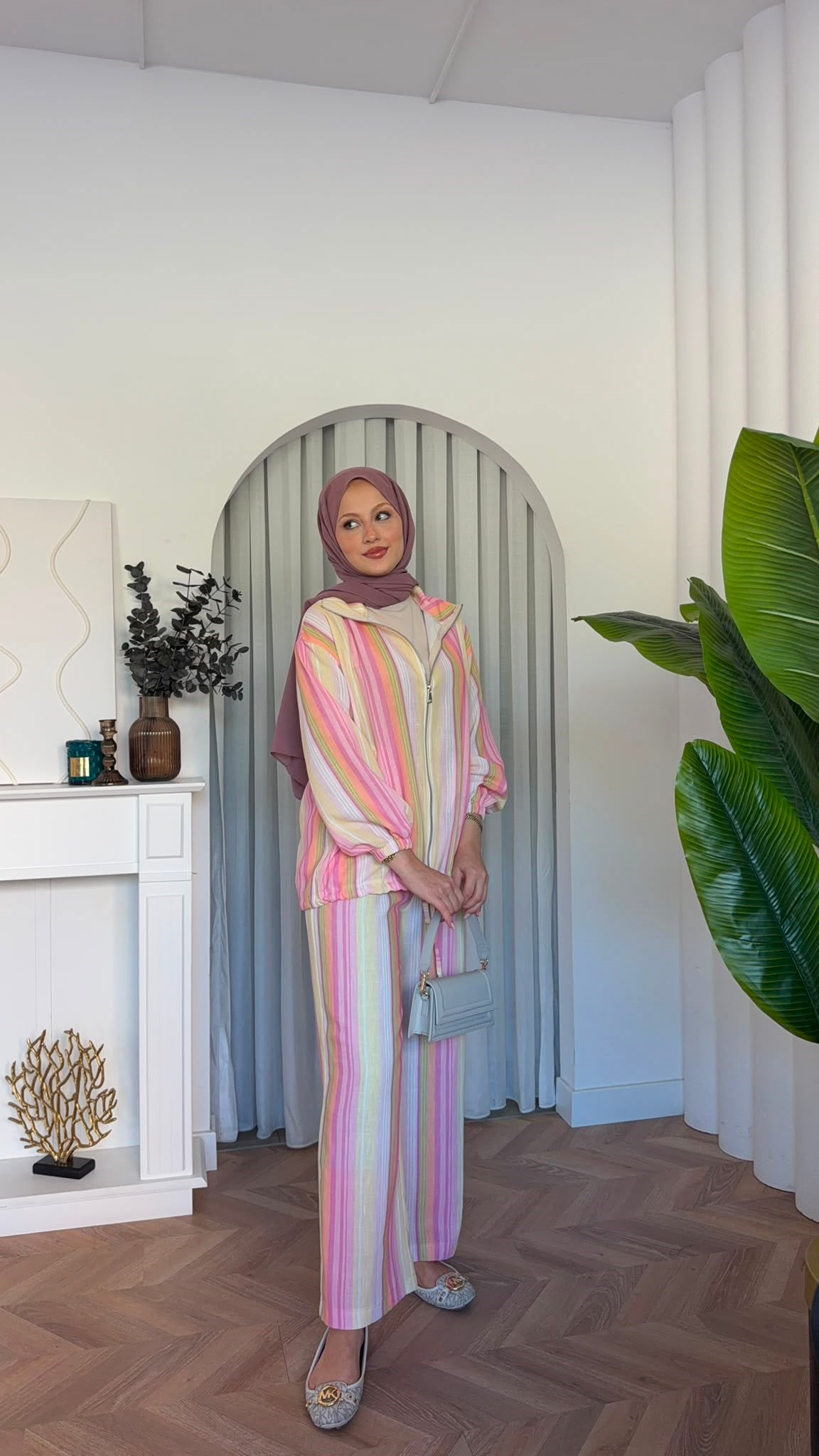 MEYSADESIGN PANTOLON TAKIM Romel Çizgili İkili Takım Pembe