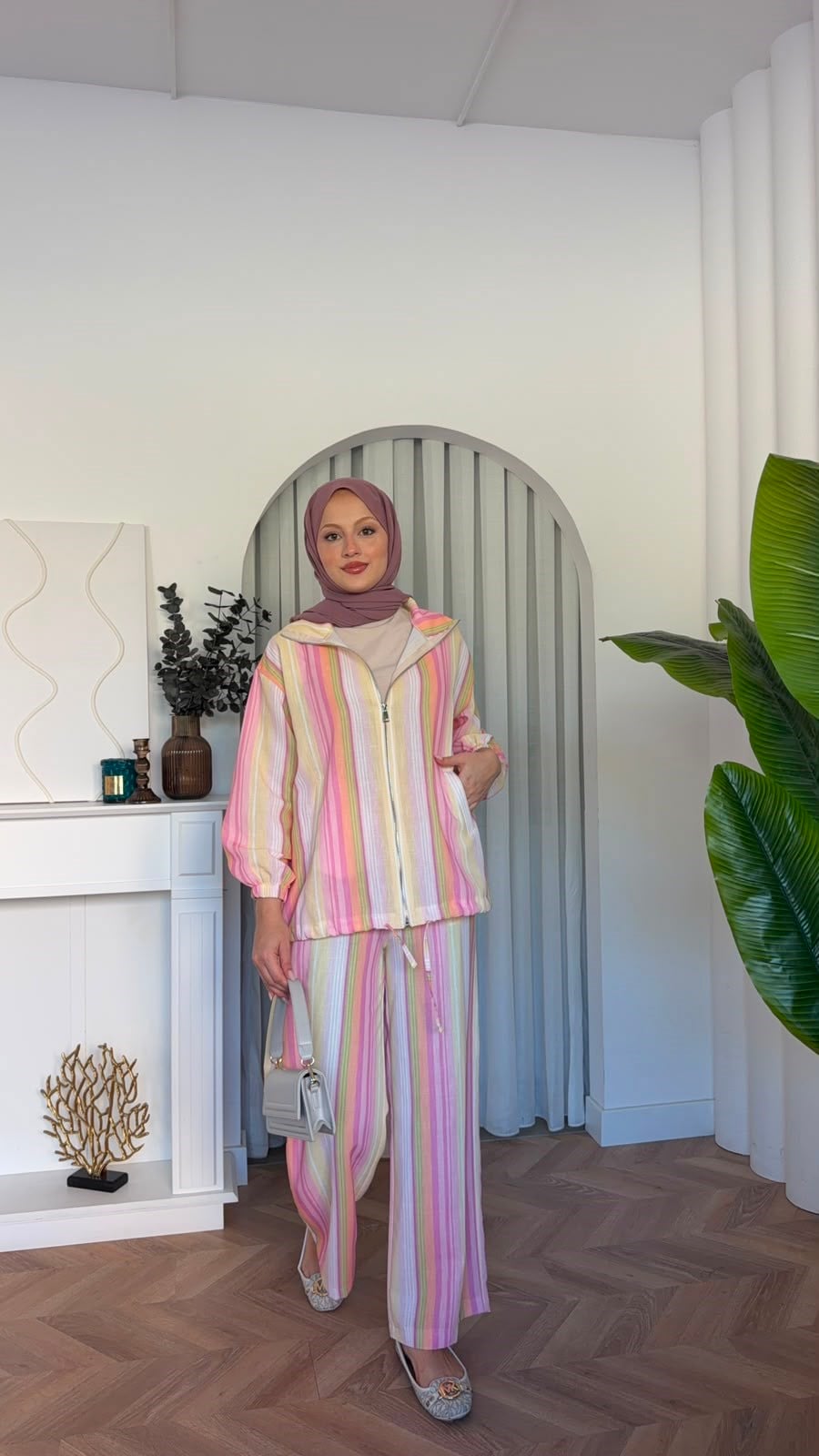 MEYSADESIGN PANTOLON TAKIM Romel Çizgili İkili Takım Pembe