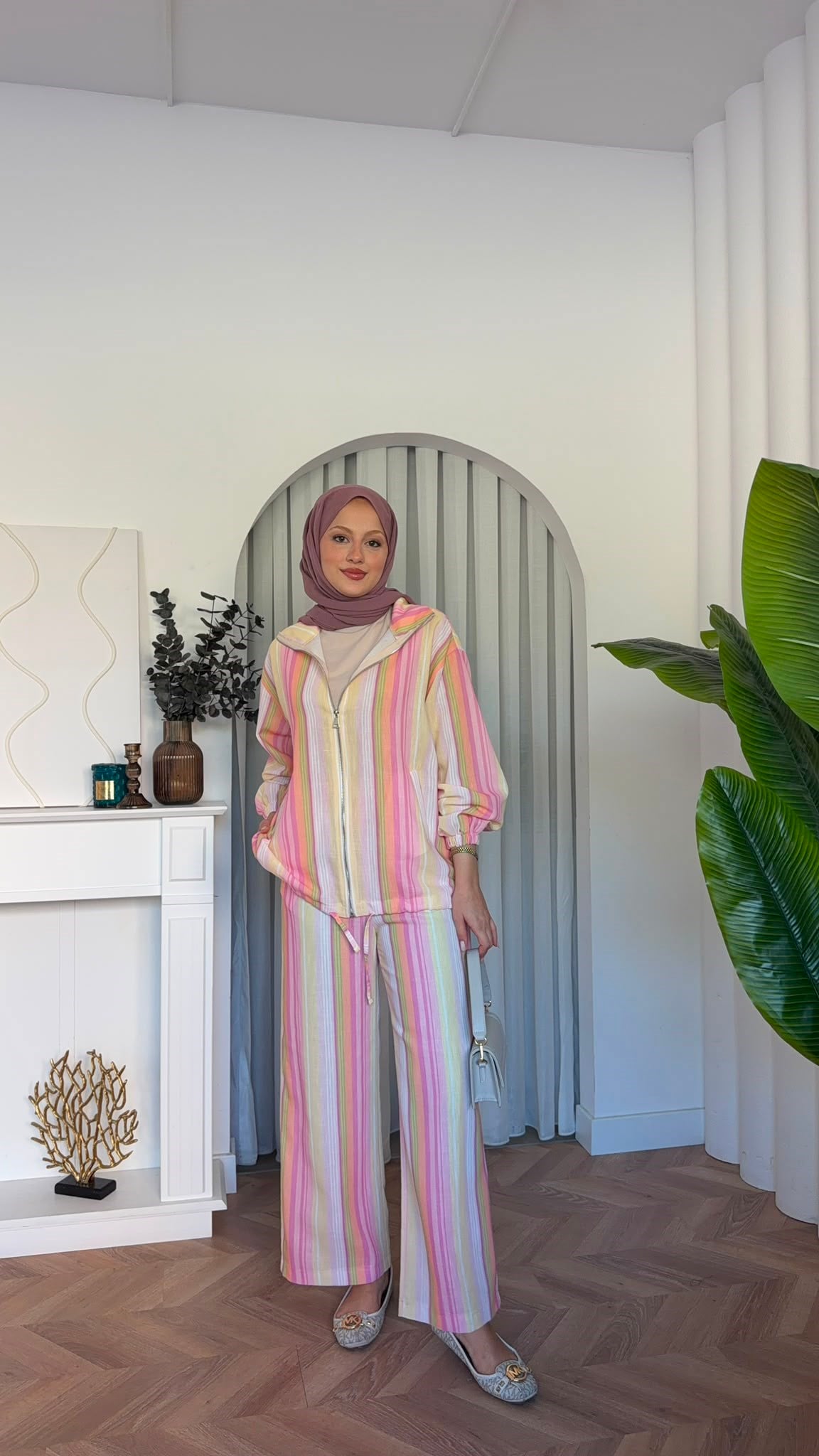 MEYSADESIGN PANTOLON TAKIM Romel Çizgili İkili Takım Pembe