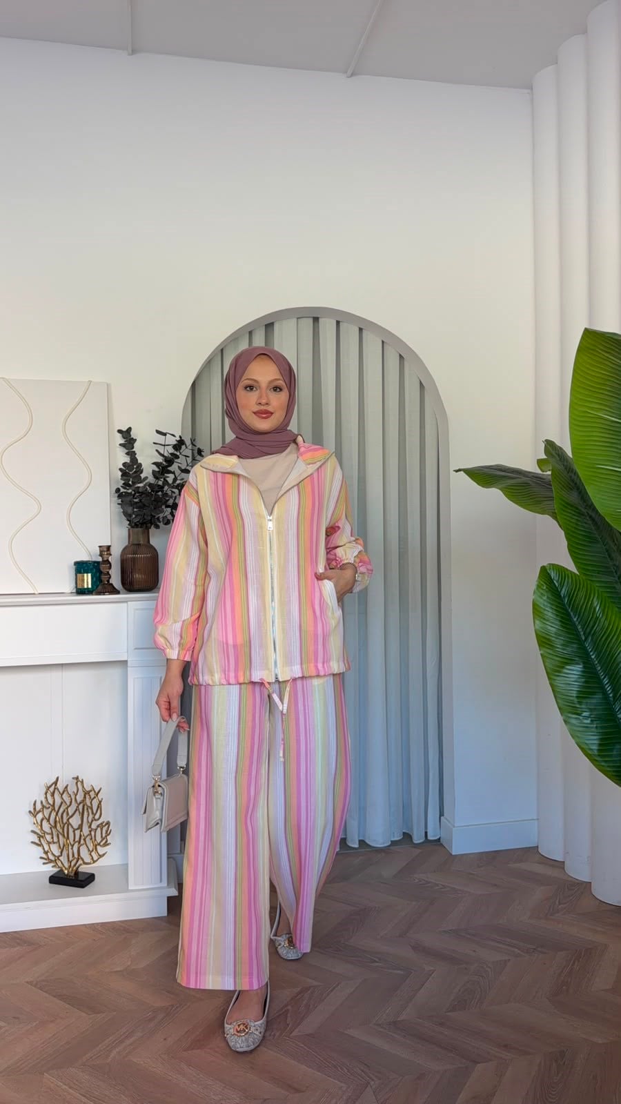MEYSADESIGN PANTOLON TAKIM Romel Çizgili İkili Takım Pembe