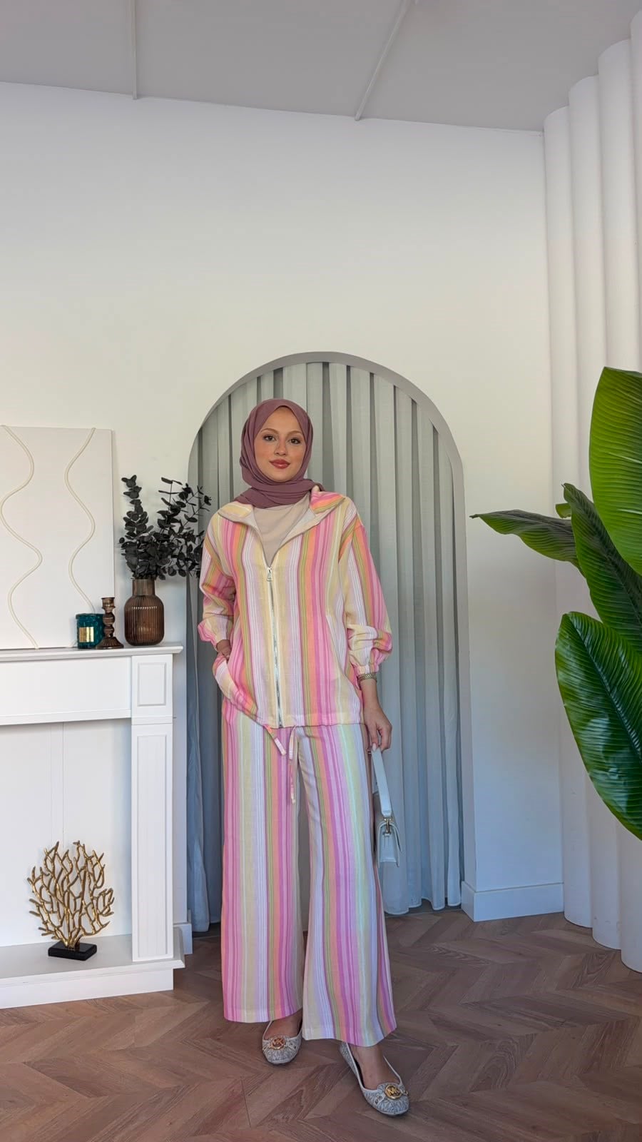 MEYSADESIGN PANTOLON TAKIM Romel Çizgili İkili Takım Pembe