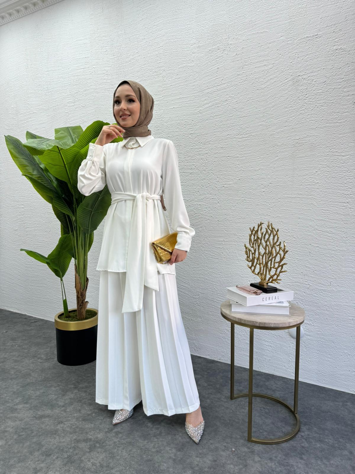 MEYSADESIGN PANTOLON TAKIM Rüya Piliseli Krep İkili Takım Beyaz