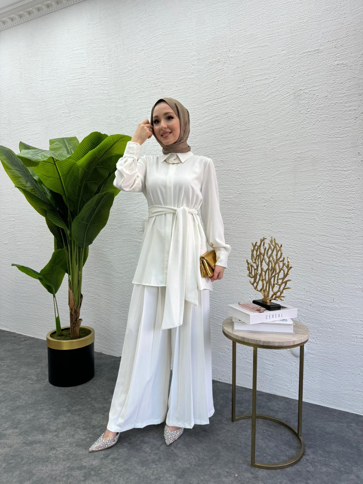 MEYSADESIGN PANTOLON TAKIM Rüya Piliseli Krep İkili Takım Beyaz