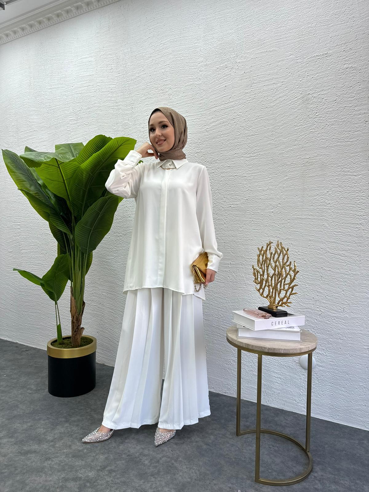 MEYSADESIGN PANTOLON TAKIM Rüya Piliseli Krep İkili Takım Beyaz
