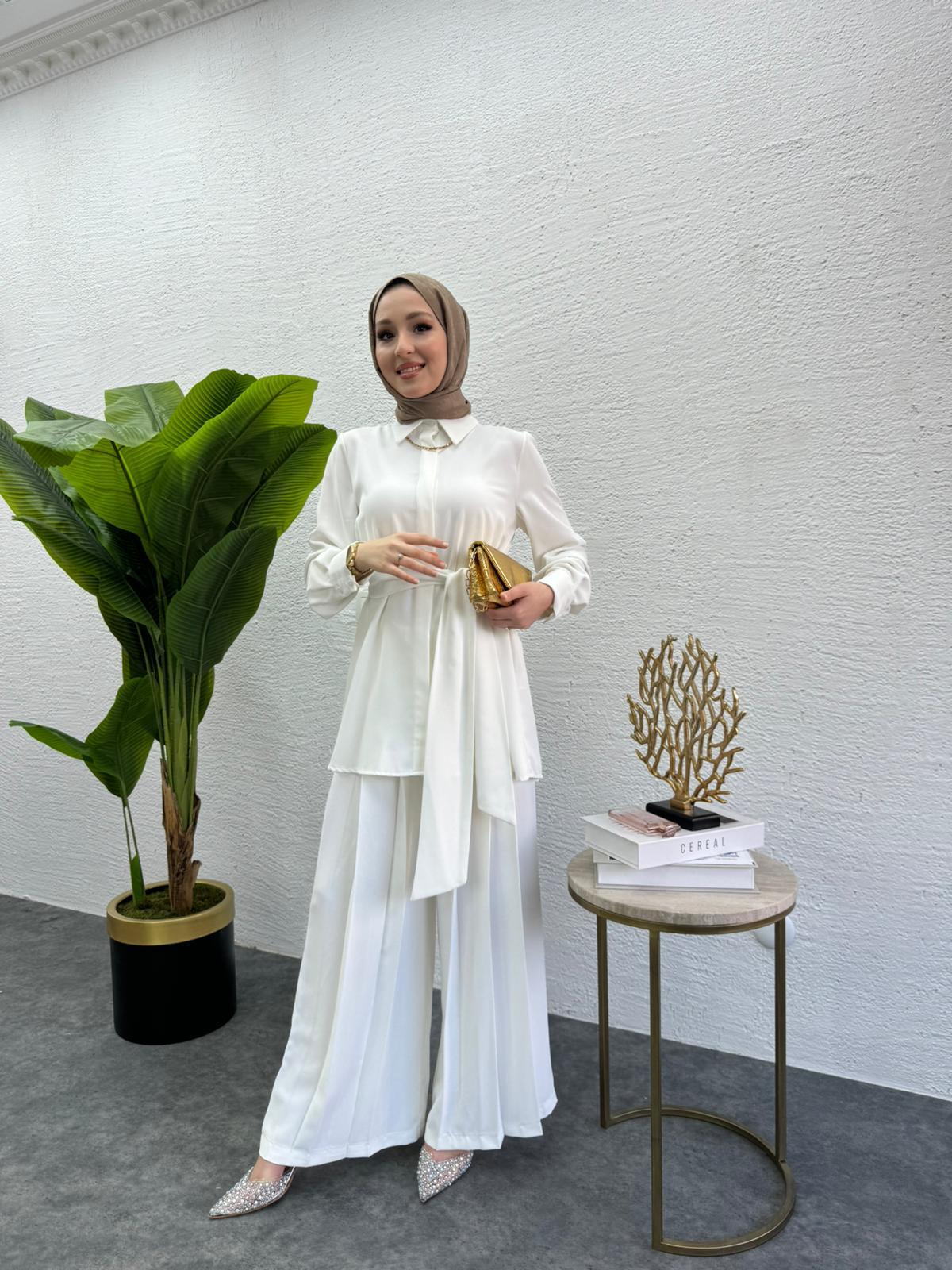 MEYSADESIGN PANTOLON TAKIM Rüya Piliseli Krep İkili Takım Beyaz