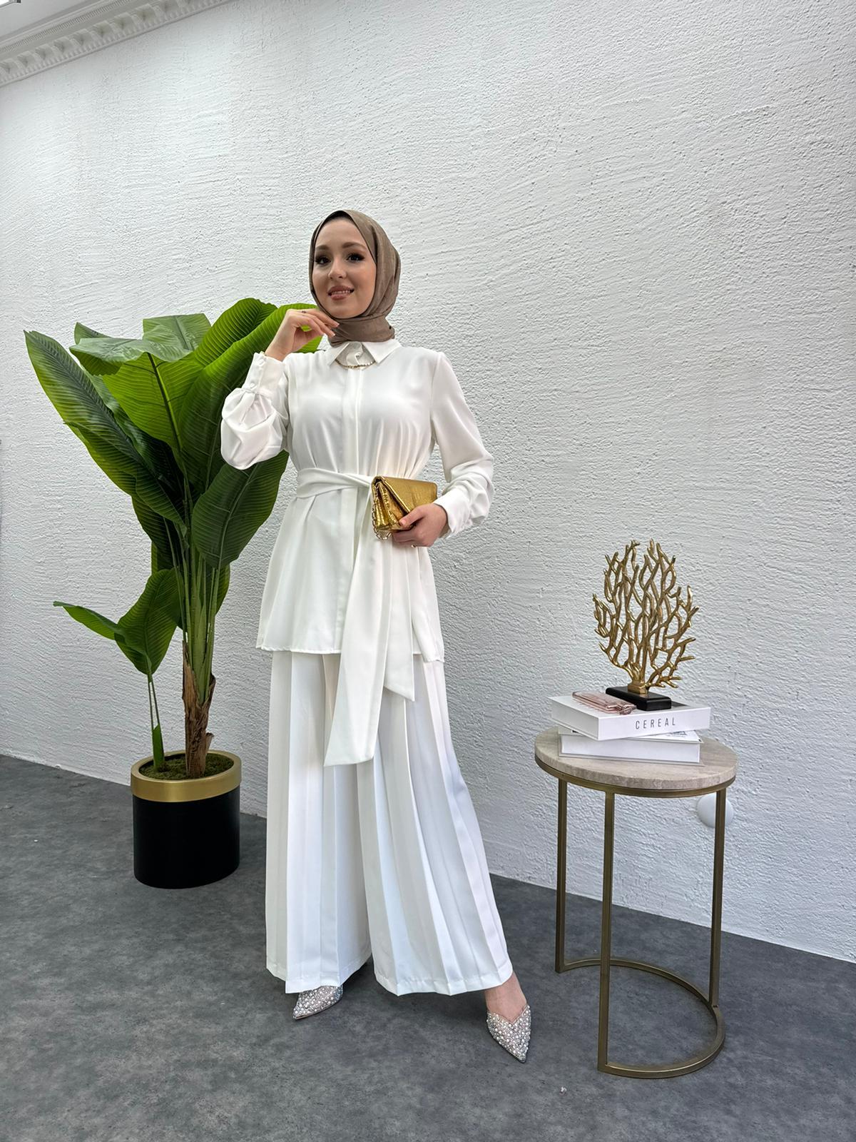 MEYSADESIGN PANTOLON TAKIM Rüya Piliseli Krep İkili Takım Beyaz