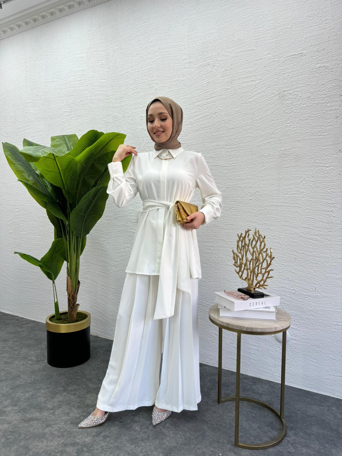 MEYSADESIGN PANTOLON TAKIM Rüya Piliseli Krep İkili Takım Beyaz