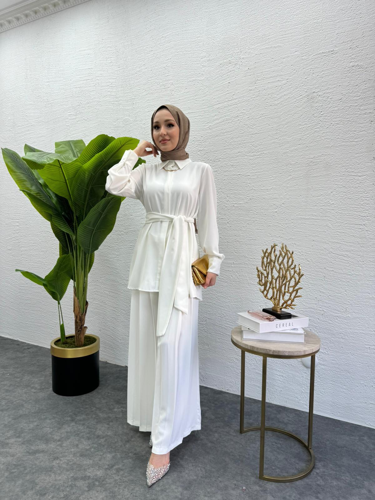 MEYSADESIGN PANTOLON TAKIM Rüya Piliseli Krep İkili Takım Beyaz