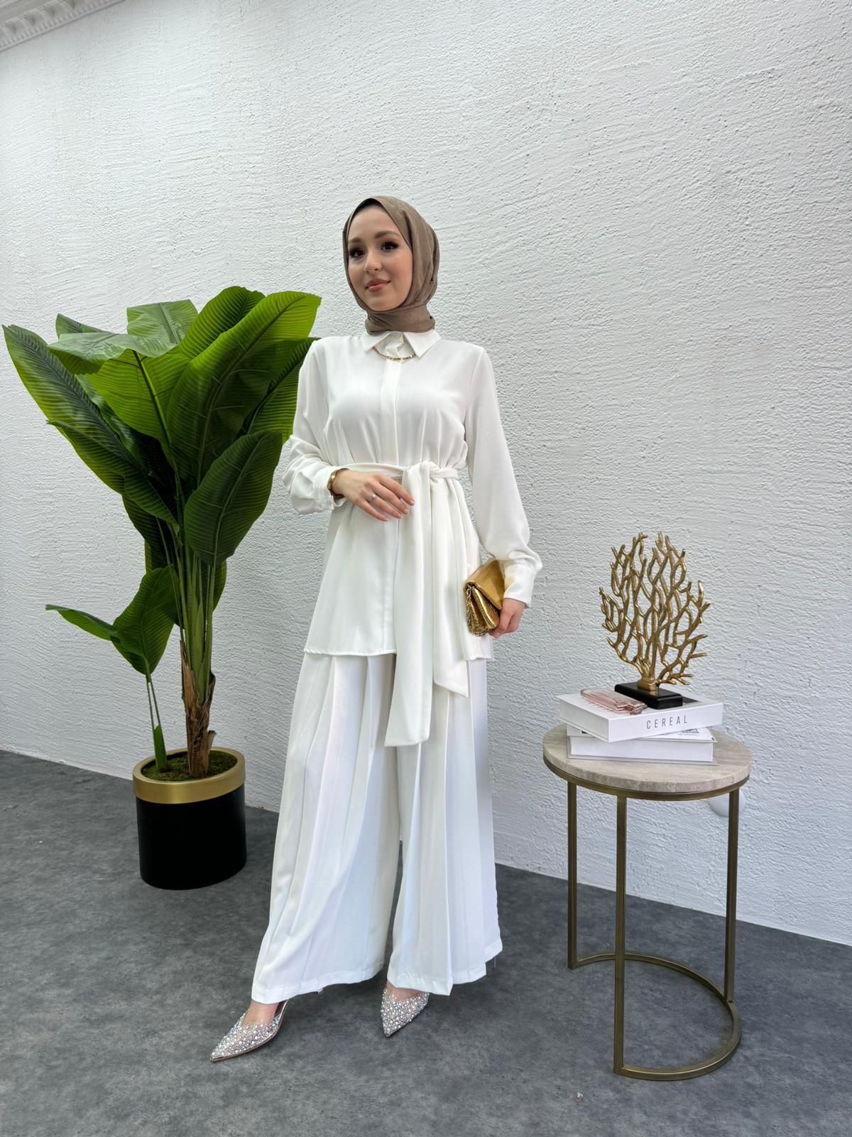 MEYSADESIGN PANTOLON TAKIM Rüya Piliseli Krep İkili Takım Beyaz