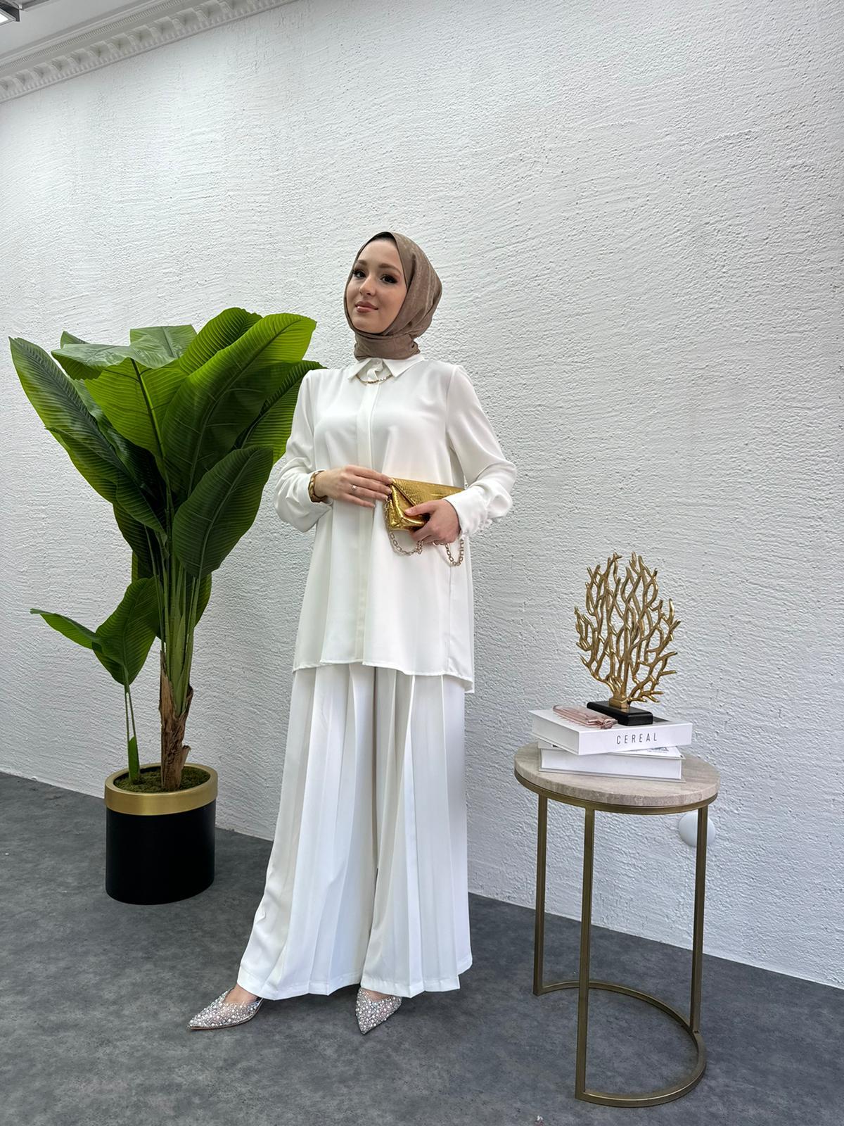 MEYSADESIGN PANTOLON TAKIM Rüya Piliseli Krep İkili Takım Beyaz