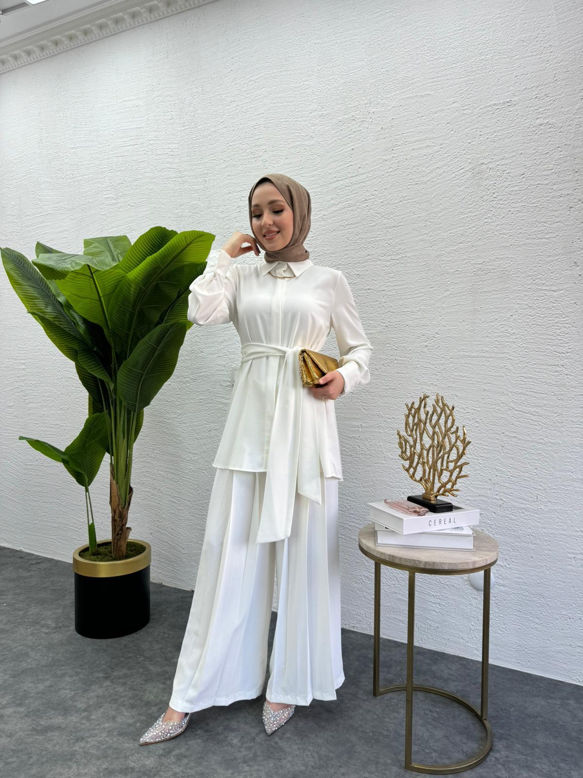MEYSADESIGN PANTOLON TAKIM Rüya Piliseli Krep İkili Takım Beyaz
