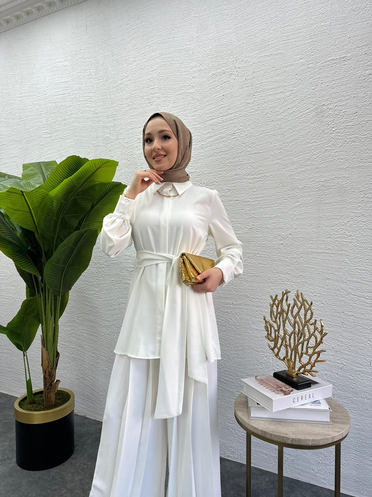 MEYSADESIGN PANTOLON TAKIM Rüya Piliseli Krep İkili Takım Beyaz