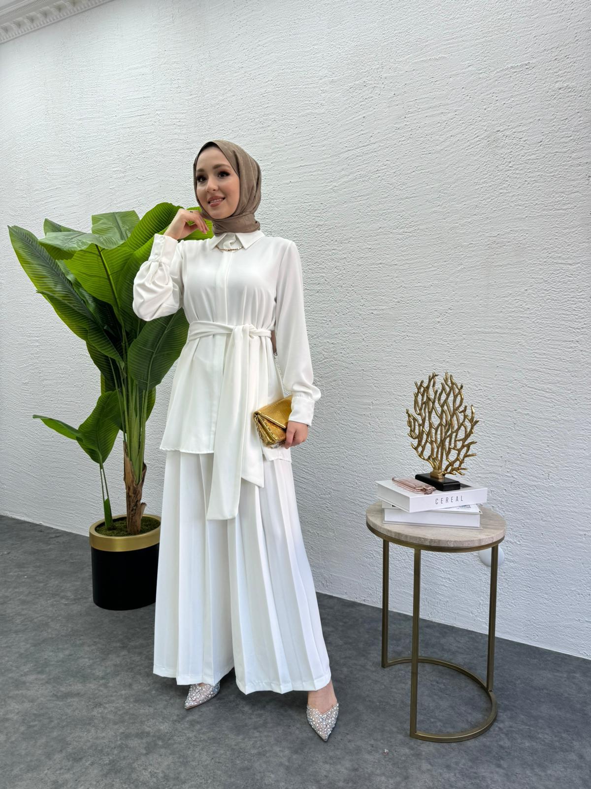 MEYSADESIGN PANTOLON TAKIM Rüya Piliseli Krep İkili Takım Beyaz