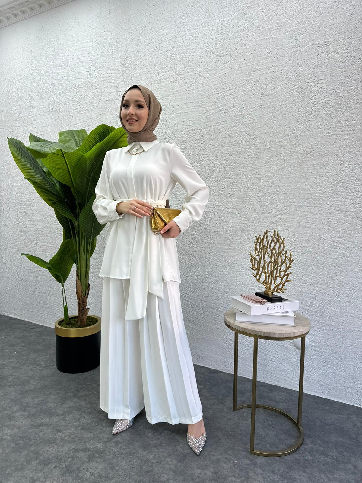 MEYSADESIGN PANTOLON TAKIM Rüya Piliseli Krep İkili Takım Beyaz