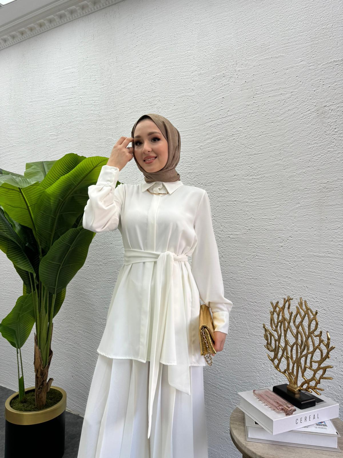 MEYSADESIGN PANTOLON TAKIM Rüya Piliseli Krep İkili Takım Beyaz