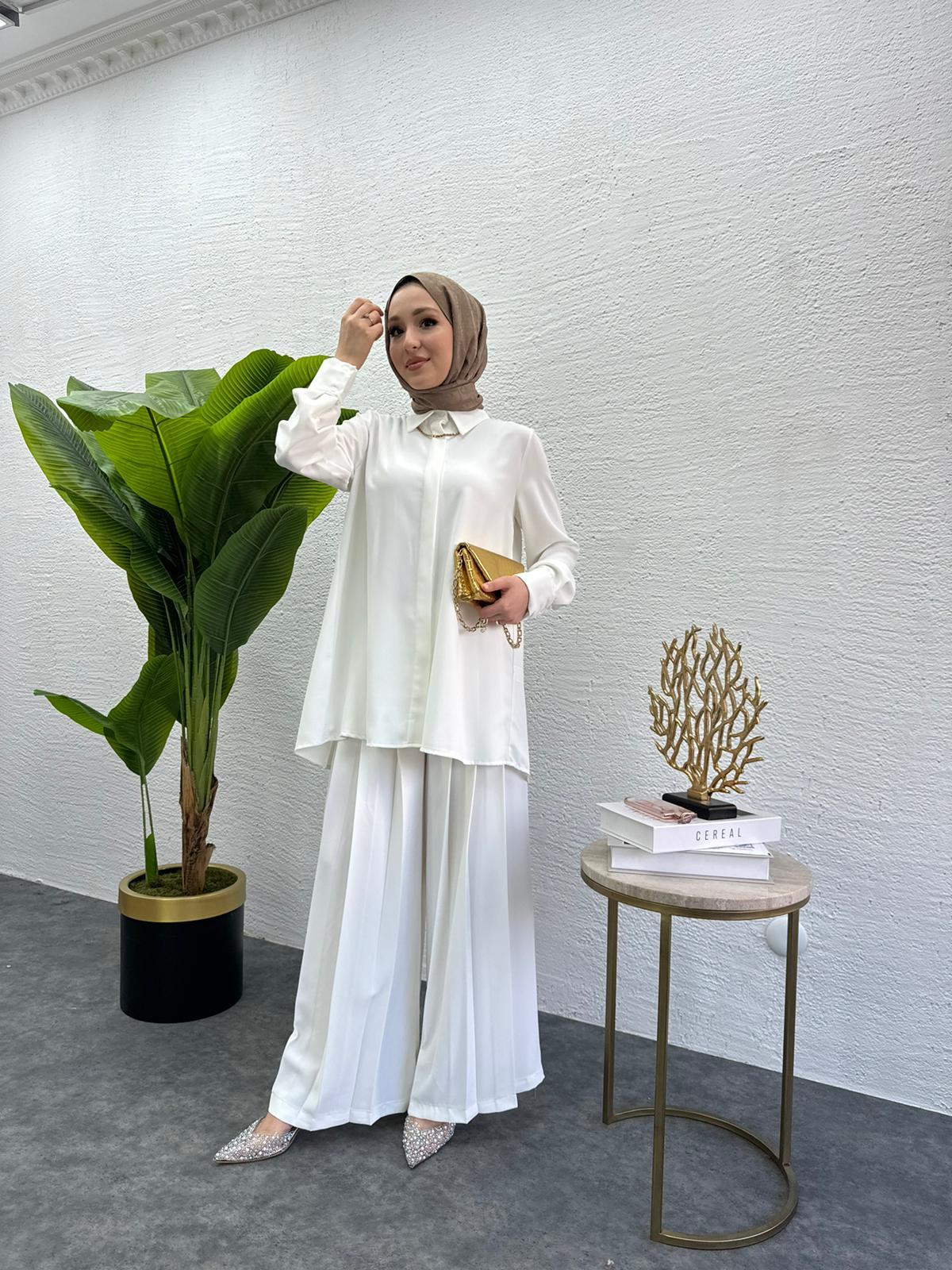 MEYSADESIGN PANTOLON TAKIM Rüya Piliseli Krep İkili Takım Beyaz
