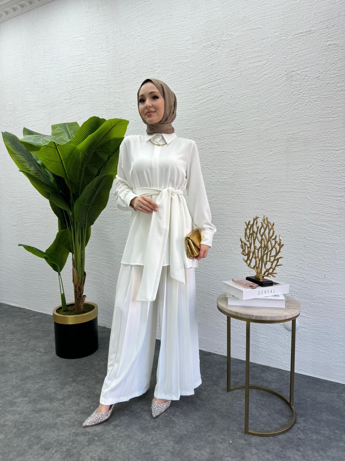 MEYSADESIGN PANTOLON TAKIM Rüya Piliseli Krep İkili Takım Beyaz