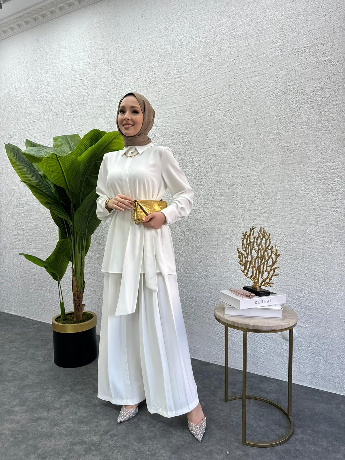 MEYSADESIGN PANTOLON TAKIM Rüya Piliseli Krep İkili Takım Beyaz
