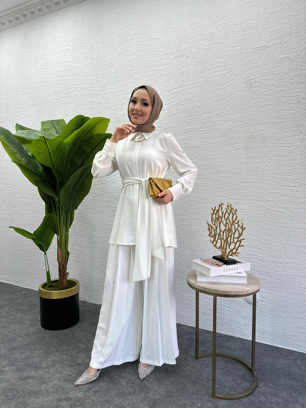 MEYSADESIGN PANTOLON TAKIM Rüya Piliseli Krep İkili Takım Beyaz