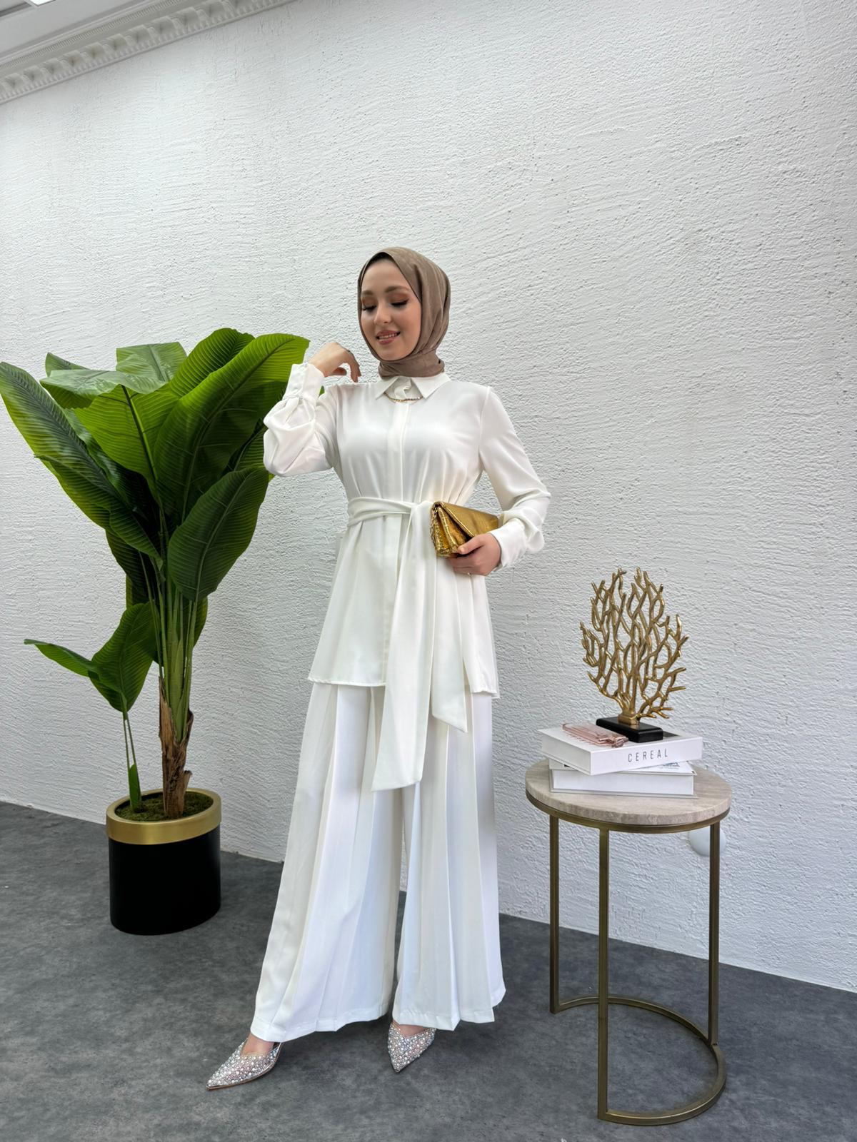 MEYSADESIGN PANTOLON TAKIM Rüya Piliseli Krep İkili Takım Beyaz