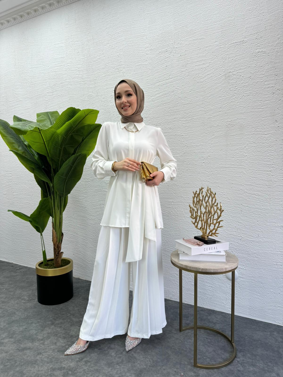 MEYSADESIGN PANTOLON TAKIM Rüya Piliseli Krep İkili Takım Beyaz
