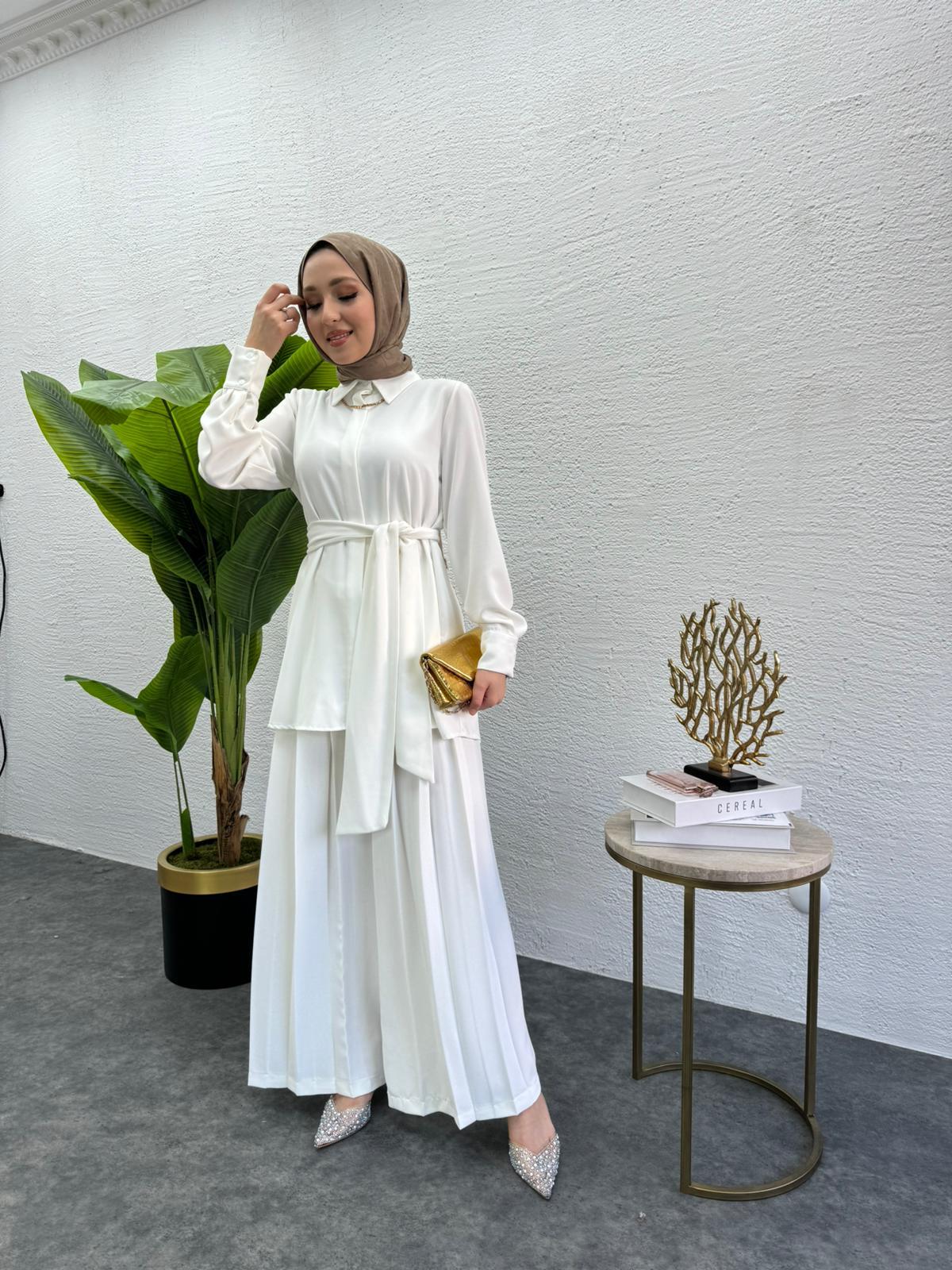 MEYSADESIGN PANTOLON TAKIM Rüya Piliseli Krep İkili Takım Beyaz