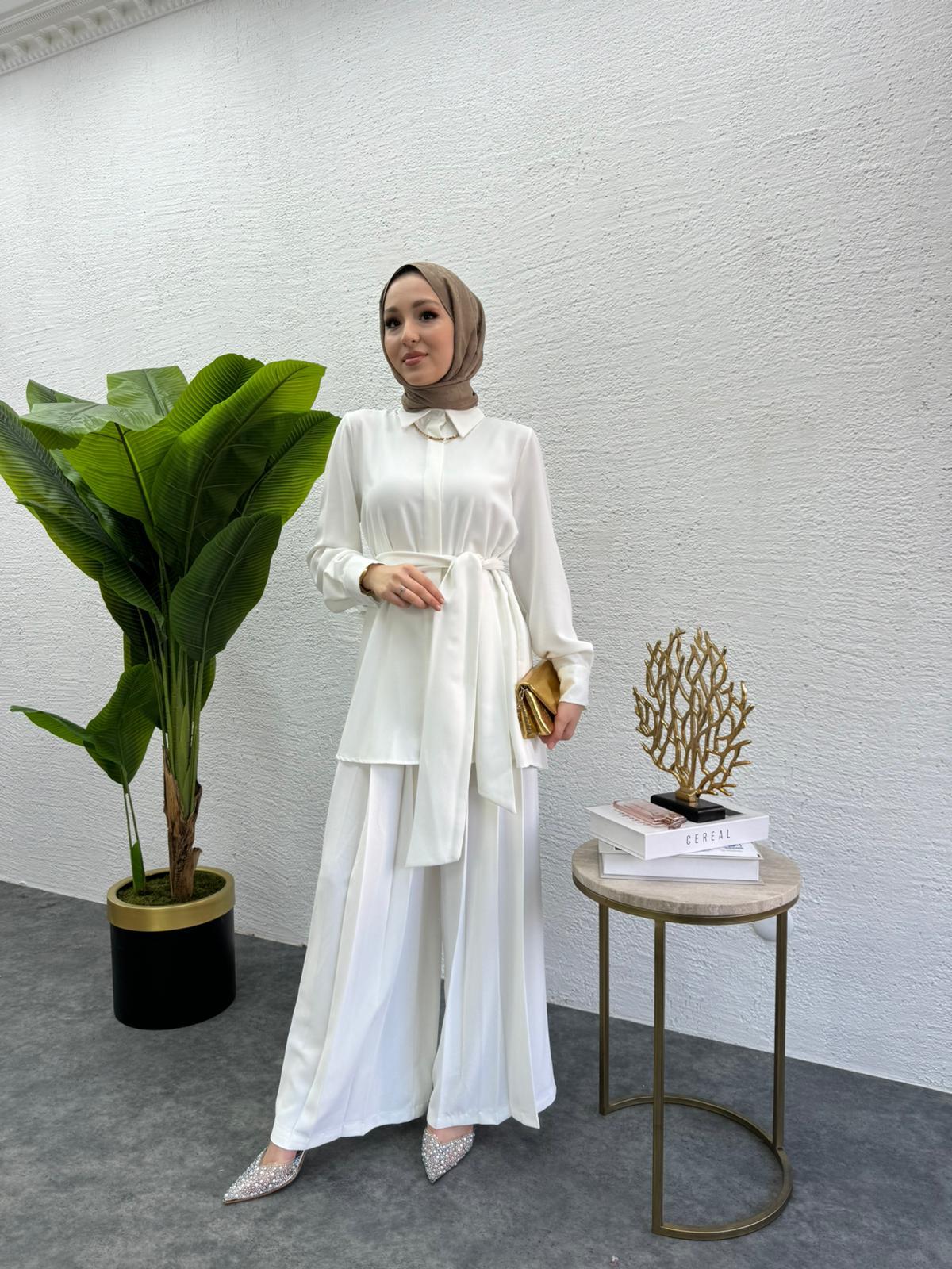 MEYSADESIGN PANTOLON TAKIM Rüya Piliseli Krep İkili Takım Beyaz