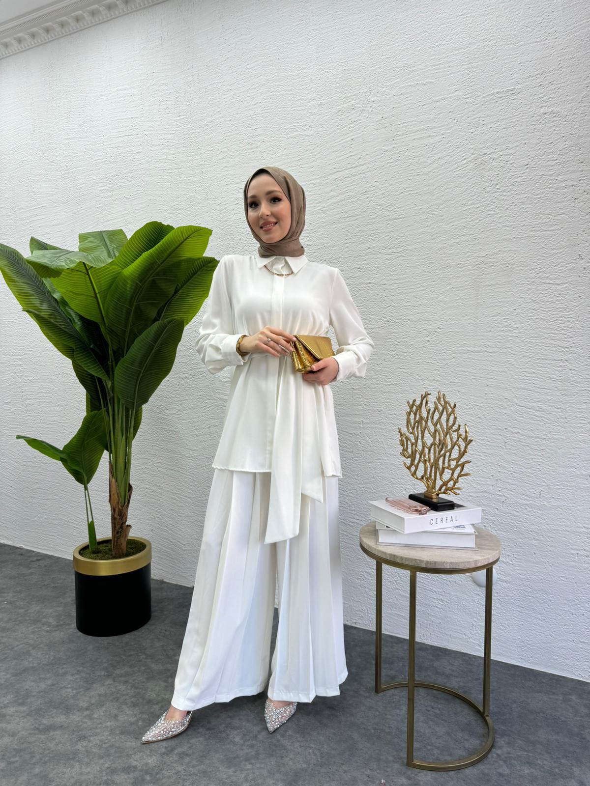MEYSADESIGN PANTOLON TAKIM Rüya Piliseli Krep İkili Takım Beyaz