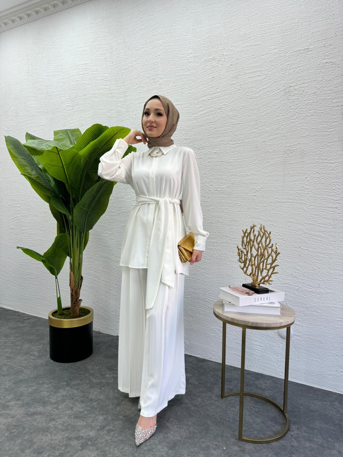MEYSADESIGN PANTOLON TAKIM Rüya Piliseli Krep İkili Takım Beyaz
