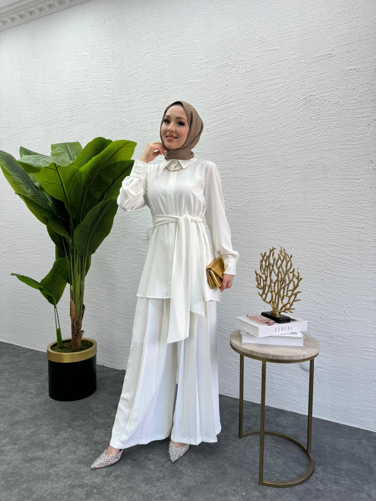 MEYSADESIGN PANTOLON TAKIM Rüya Piliseli Krep İkili Takım Beyaz