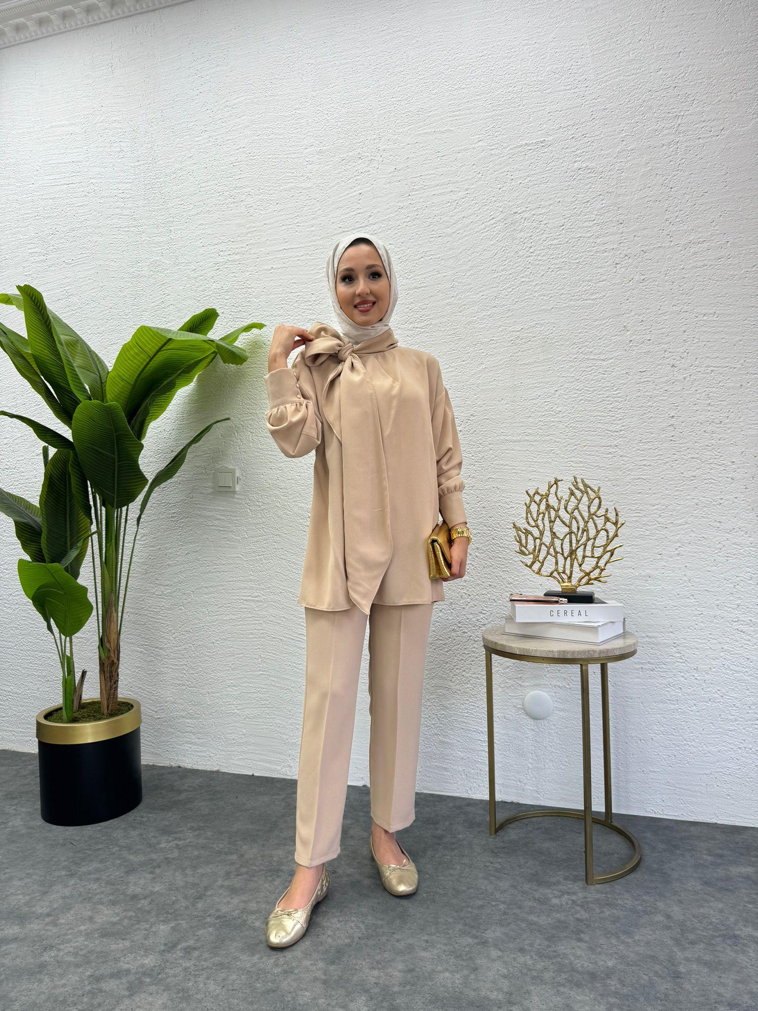 MEYSADESIGN PANTOLON TAKIM Şal Yakalı Krep İkili Takım Taş