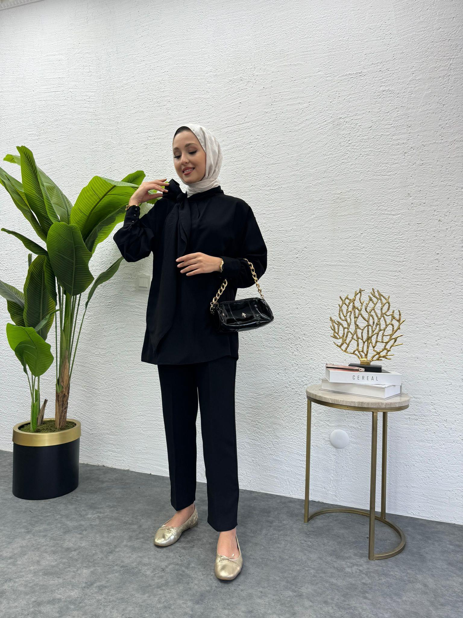 MEYSADESIGN PANTOLON TAKIM Şal Yakalı Krep İkili Takım Siyah