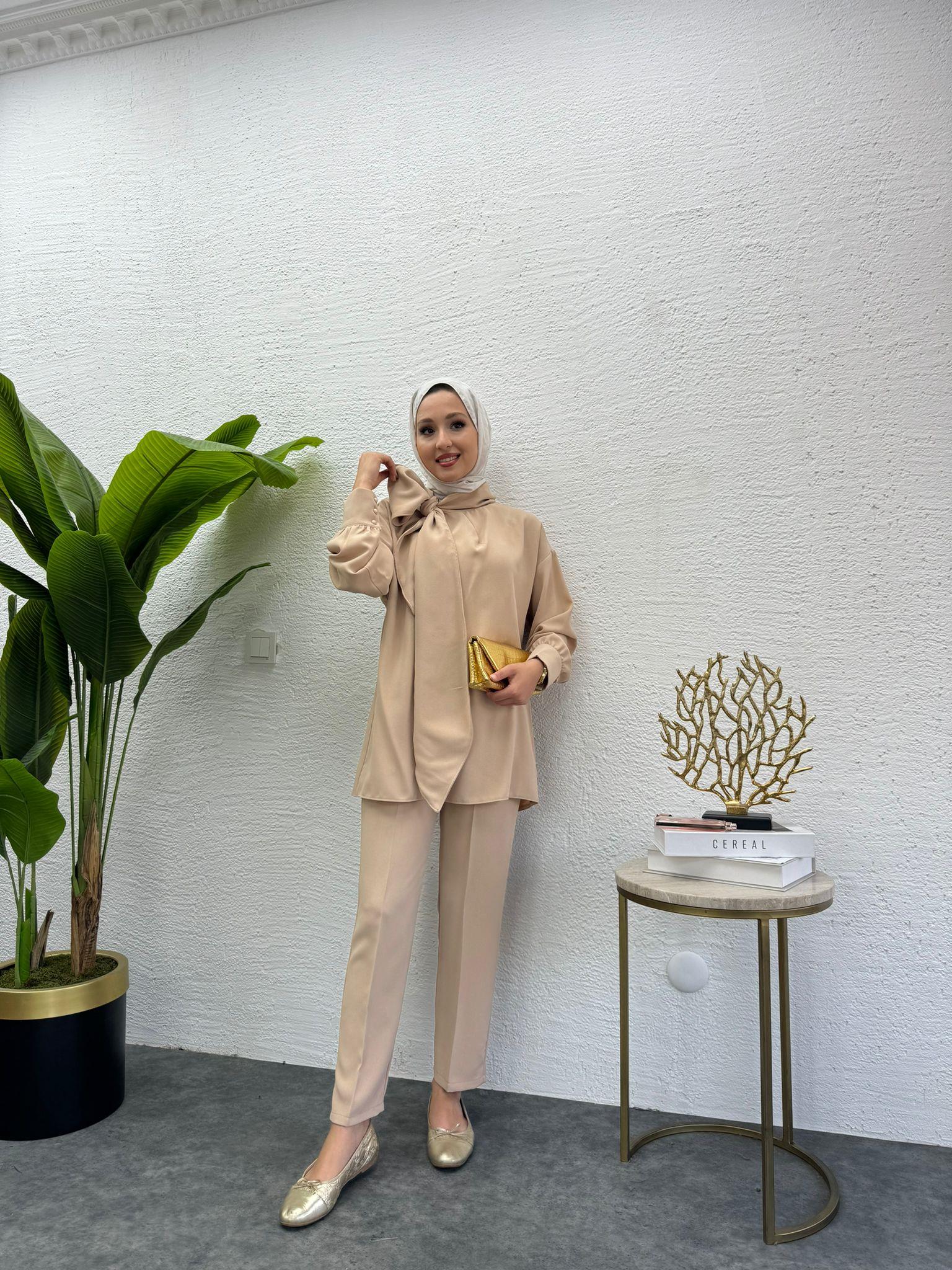 MEYSADESIGN PANTOLON TAKIM Şal Yakalı Krep İkili Takım Taş