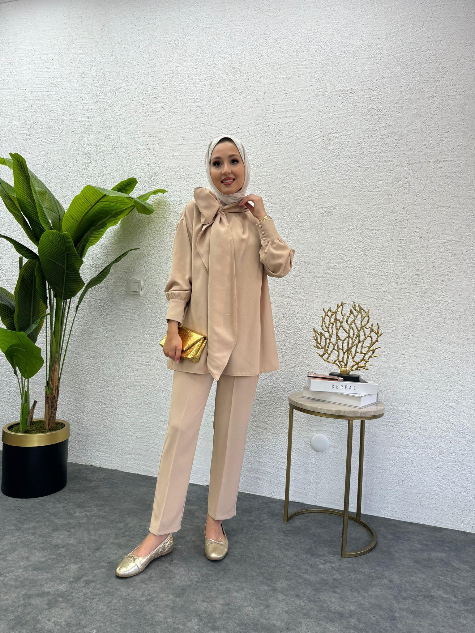 MEYSADESIGN PANTOLON TAKIM Şal Yakalı Krep İkili Takım Taş