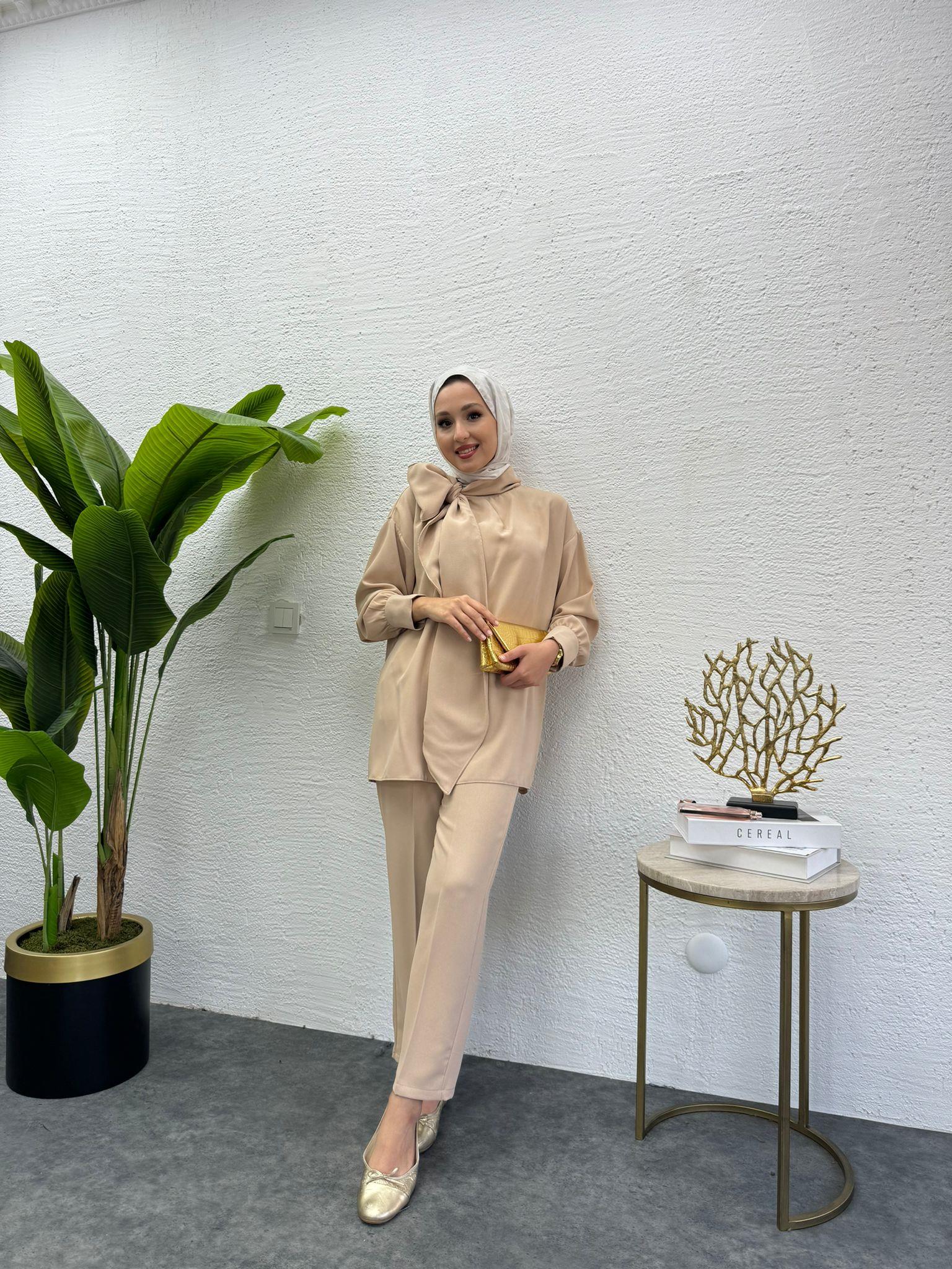 MEYSADESIGN PANTOLON TAKIM Şal Yakalı Krep İkili Takım Taş