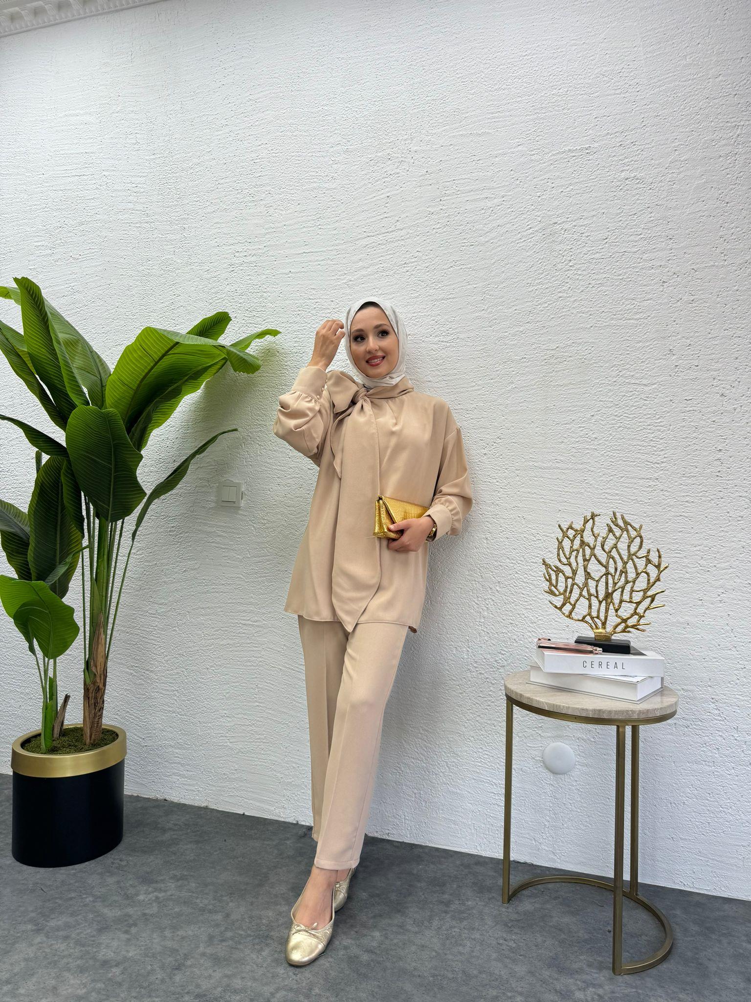 MEYSADESIGN PANTOLON TAKIM Şal Yakalı Krep İkili Takım Taş