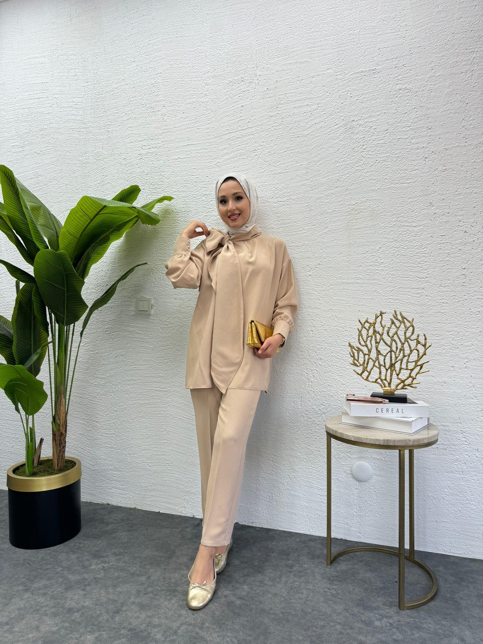 MEYSADESIGN PANTOLON TAKIM Şal Yakalı Krep İkili Takım Taş