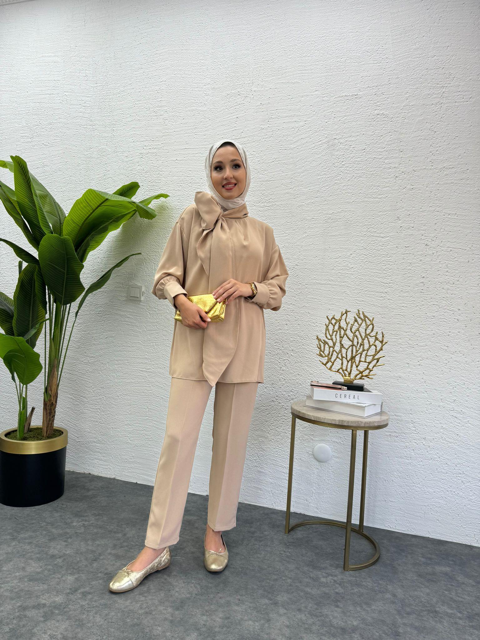 MEYSADESIGN PANTOLON TAKIM Şal Yakalı Krep İkili Takım Taş