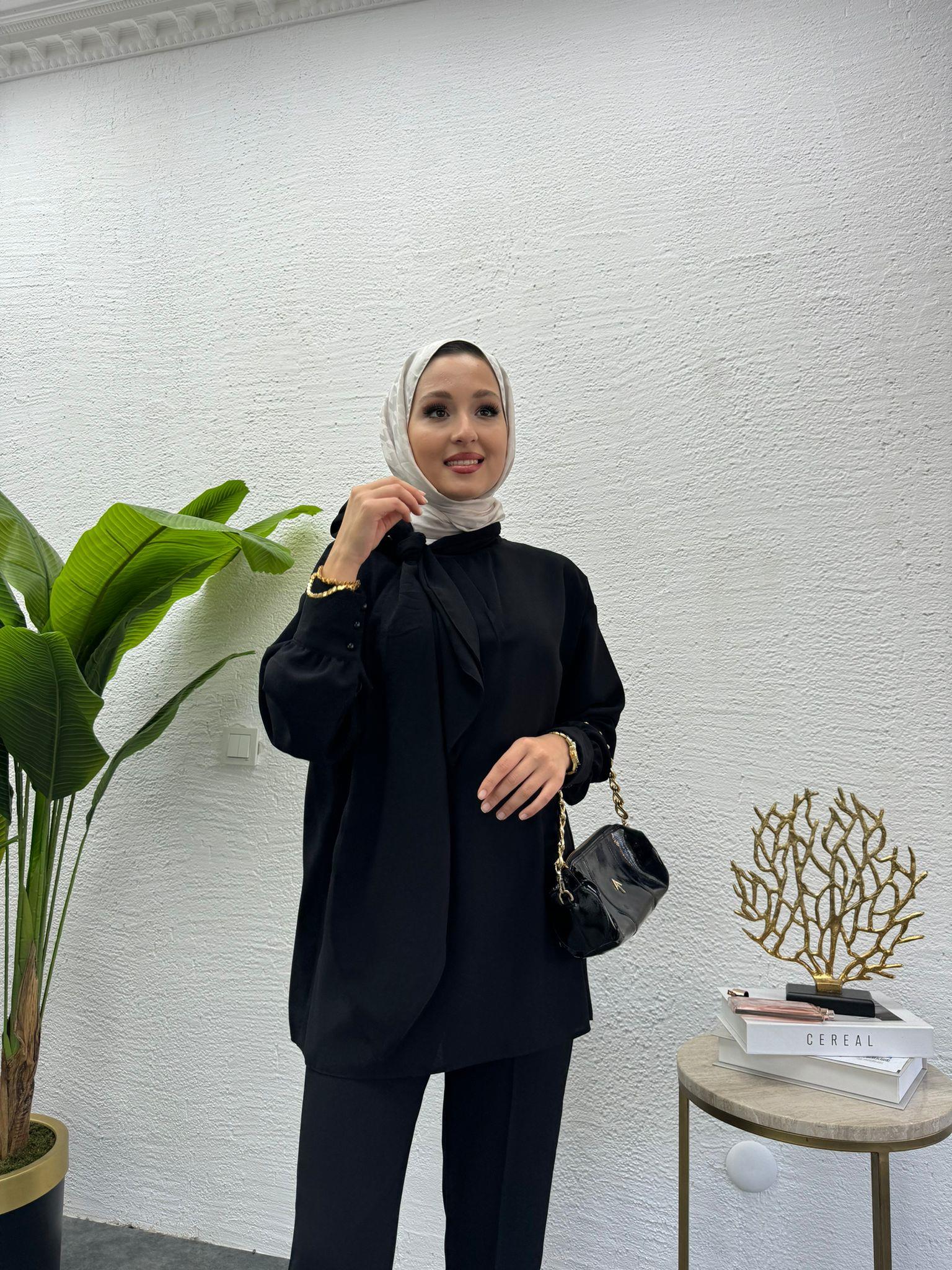 MEYSADESIGN PANTOLON TAKIM Şal Yakalı Krep İkili Takım Siyah