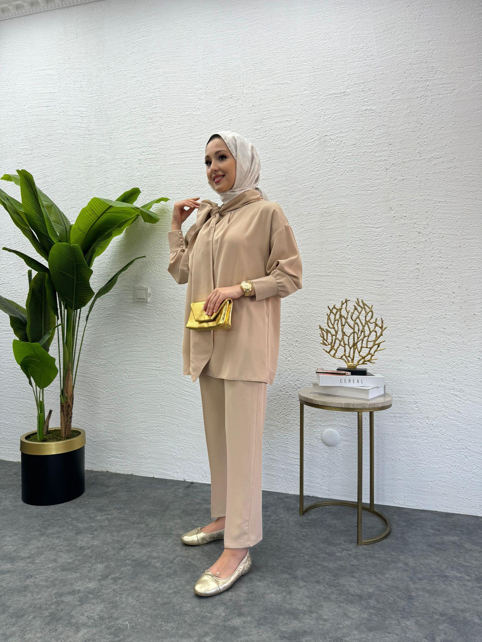 MEYSADESIGN PANTOLON TAKIM Şal Yakalı Krep İkili Takım Taş