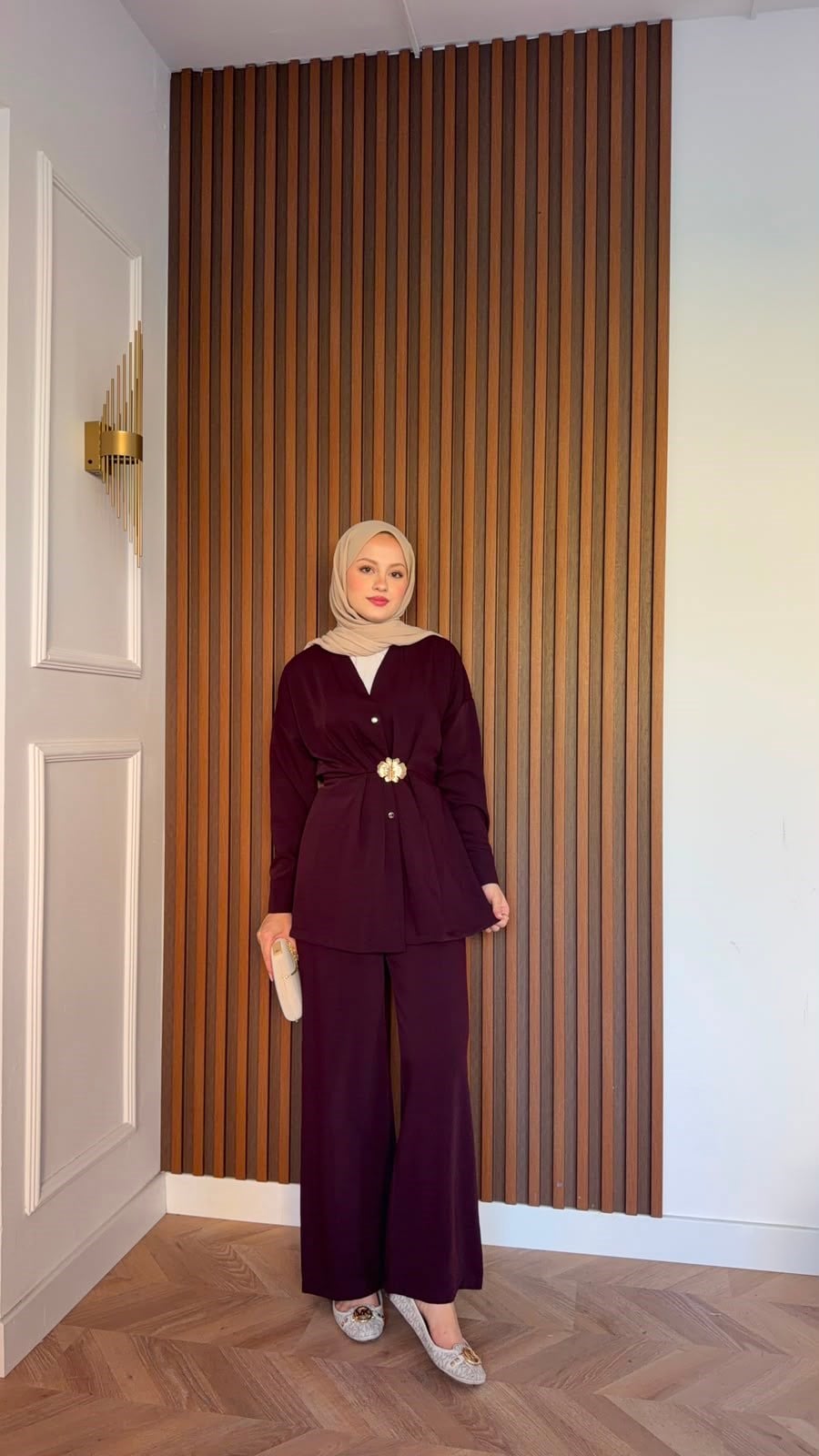 MEYSADESIGN PANTOLON TAKIM Şanel Gold Detaylı Pantolonlu Takım Bordo